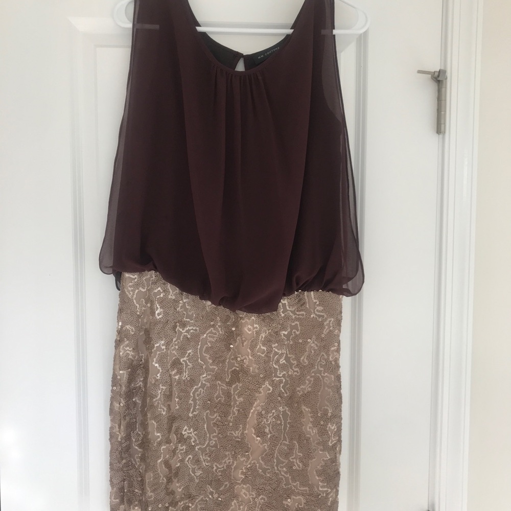 Maroon top, gold sequin skirt, mid thigh dress